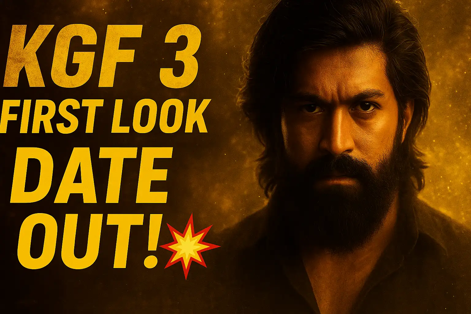 Rocky Bhai Yash in KGF 3 First Look Poster with Golden Background and Bold Text 'Date Out'