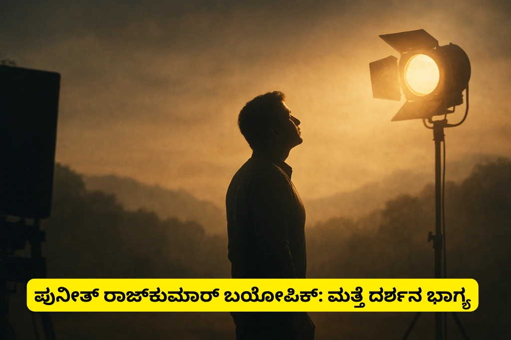 ಪವರ್ ಸ್ಟಾರ್ ಪುನೀತ್ ರಾಜ್ಕುಮಾರ್ ಬಯೋಪಿಕ್ ಶೂಟಿಂಗ್ ಆರಂಭದ ಸೂಚನೆ. ಸ್ಪಾಟ್ಲೈಟ್ ಕೆಳಗೆ ನಿಂತಿರುವ ವ್ಯಕ್ತಿಯ ಸಿಲೂಯೆಟ್ ಚಿತ್ರ, ಭಾವನಾತ್ಮಕ ಗೌರವ.